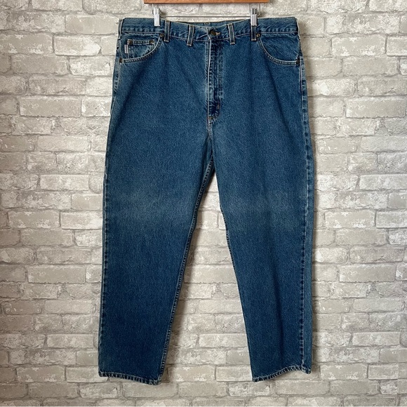 Carhartt Men's 42x32 Blue Jeans. Rigid Cotton. Leather Logo Patch On Back. Basic - Picture 2 of 9